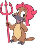 Hexley the Platypus, a cartoon platypus standing, holding a trident and wearing a hat