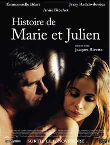 A film poster showing a middle-aged man touching the shoulder of a young woman he is in bed with