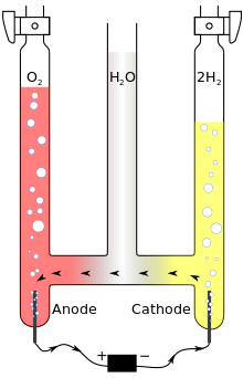 A drawing of three vertical pipes connected at the bottom and filled with oxygen (left pipe), water (middle) and hydrogen (right). Anode and cathode electrodes are inserted into the left and right pipes and externally connected to a battery.