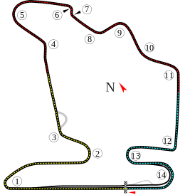 A track map of the Hungaroring circuit. The track has 16 corners, which range in sharpness from hairpins to gentle, sweeping turns. There are three long straights that link the corners together. The pit lane splits off from the track on the inside of Turn 16, and rejoins the track after the start-finish straight.