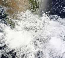 Satellite image of a large area of disorganized thunderstorms and clouds, clustered over land.