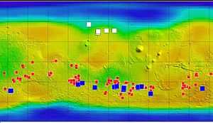 Ice (white), Salt (red) and Warm Season Flows (blue) on Mars.