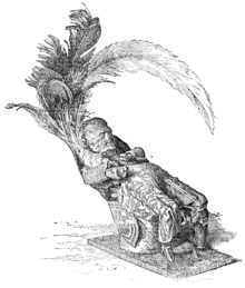 Image of a 19th century illustration of an obeah figure of a seated figure confiscated from a black man named Alexander Ellis