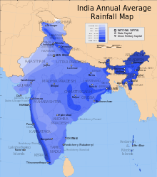 India average annual rainfall map. A map of India overlaid with various zones of differing shades of blue. Each shade represents a region receiving a similar annual precipitation total. The wettest region comprises the northeastern "Seven Sisters" states centred on Assam; the southwestern littoral in Kerala, Karnataka, Goa, and Maharashtra is another wet region of over 250 centimetres per annum, depicted in a dark shade of navy blue. The rest of the country in between them is shown in lighter shades; the driest region is seen in the northwest near the borders with Pakistan and China, parts of which, according to the legend, are seen to obtain less than 20 centimetres per annum.