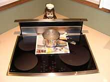 A pot of boiling water atop newspaper on an induction cooking surface