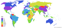 A map of the world with different regions colored in correlating to inflation rates.