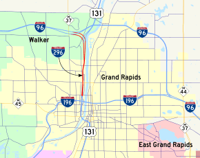 I-296 runs north–south parallel to the Grand River connecting I-96 in Walker with I-196 in Grand Rapids, Michigan