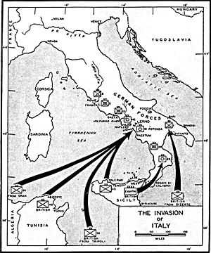 Map of Italy showing the three landing areas