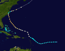 The storm forms east if the Lesser Antilles. The storm path of Ione takes it over the Lesser Antilles as a tropical storm and then it heads between west-northwest towards North Carolina. It becomes a major hurricane north of The Bahamas and makes landfall in North Carolina as a Category 1. The storm then hooks sharply northeast overland then races off the coast of North Carolina toward the extreme Northern Atlantic.