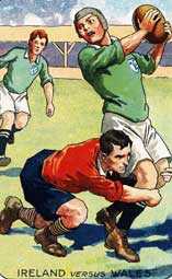 A painting of an Ireland player being tackled around the legs by a Welshman.