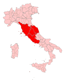"A picture showing Central Italy highlighted in red in a political map of Italy."