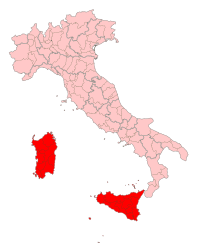 "A picture showing Insular Italy highlighted in red in a political map of Italy."