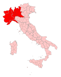 "A picture showing Northwest highlighted in red in a political map of Italy."