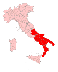 "A picture showing South Italy highlighted in red in a political map of Italy."