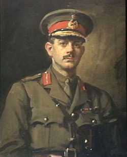 Painting - Formal portrait of a First World War general in khaki uniform, with red hat band and collar tabs, gold braid and Sam Browne belt.