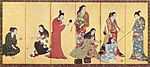 Seven women and a girl dressed in kimonos. Two women are playing cards, one is cleaning her teeth while holding a mirror, another is holding a twig, one is writing. Two women are engaged with the girl.