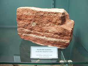 Red-colored rock with light-colored markings.