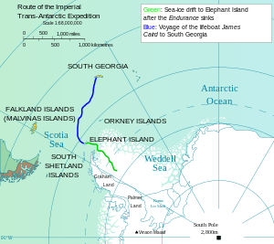  Outline map showing Weddell Sea, Elephant Island and South Georgia with parts of the landmasses of Antarctica and South America. A line indicates the path of the voyage from Elephant Island to South Georgia.