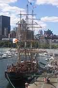 View of the stern, with Montreal buildings in the backgroud