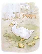 Drawing of a large white duck and four ducklings