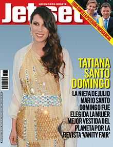 Front cover of issue 196 of Jet-Set featuring heiress and socialite Tatiana Santo Domingo, on the right lower righ hand side it reads "Tatiana Santo Domingo, granddaughter of Julio Santo Domingo was chosen World's Best Dressed Woman by Vanity Fair magazine". On the upper right hand corner a small picture of Colombia's then-newly inaugurated president Juan Manuel Santos Calderón and his wife First Lady María Clemencia Rodríguez Múnera to his left, bordered on the left with a yellow ban going from left to right diagonally from the top that reads "All about the presidential inauguration".