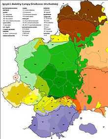 Eastern European countries are shown on a map. The Czech Republic, the westernmost of these, is shaped a bit like a jagged horizontal oval, and it is covered by the color representing the Czech language and, at its borders, a little by languages from Poland and Slovakia.