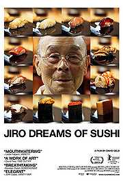 A bald eldery Japanese mean wearing glasses. Framed by eight squares showing different types of sushi.