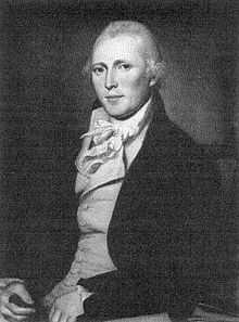 black and white photo of a color painting of a white male in wig and coat