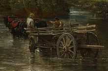 An oil painting of a large steerable cart being drawn by two strong horses through a river.