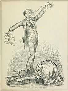 A black-and-white cartoon of a late-middle-aged man standing atop a woman labeled "Canada".  His arms are spread and he smiles.  On one hand is written "I need another $10,000", and in the other hand is a piece of paper on which is written, "Prorogation and suppression of the investigation".