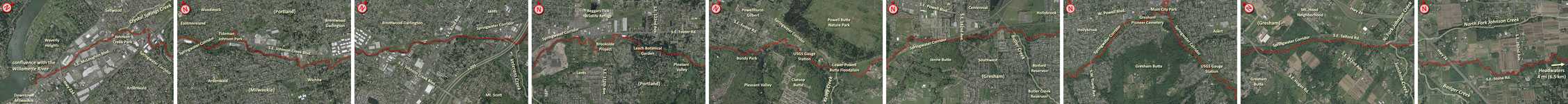 Johnson Creek flows from beyond 282nd Avenue east of Portland through Gresham and Portland to its confluence with the Willamette River in Milwaukie. Important features along its course include the Springwater Corridor, Gresham Pioneer Cemetery, Powell Butte Nature Park, Leach Botanical Garden, Beggars Tick Wildlife Refuge, Tideman Johnson Park, and Johnson Creek Park.