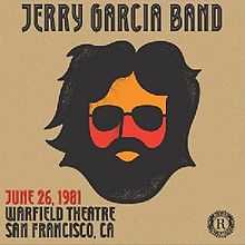 High-contrast black, orange, and red caricature of Jerry Garcia