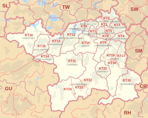 KT postcode area map, showing postcode districts, post towns and neighbouring postcode areas.