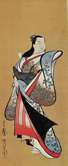 Colourful painting of a finely-dressed Japanese woman
