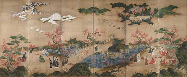 A painted screen of six panels depicting a park-like setting in which visiters enjoy the scenery.