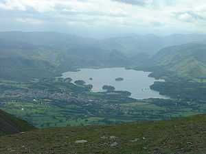 view from mountains across lake