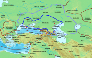 A map depicting Central and Eastern Europe, the frontiers of the Khazar Khaganate and the names of the peoples surrounding it