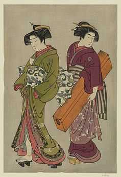 Kitao Shigemasa (1777) Geisha and a servant carrying her koto.jpg