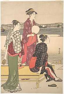 Illustration of three Japanese women in kimonos relaxing by a river