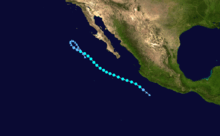 An image of the track of a weak tropical storm in East Pacific.