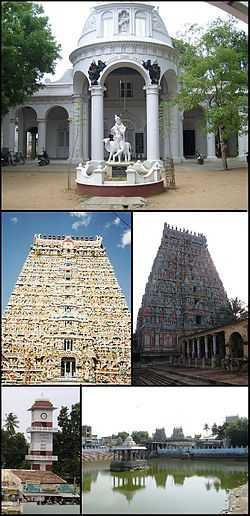 montage image showing a building, clock tower, temple towers and temple tanks