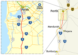 Map of Perth and surrounds, with Kwinana Freeway highlighted in red