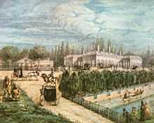 Painting depicting carriages approaching a grand white house with a rowboat plying a canal in the foreground