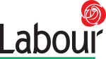 Black word "Labour" in sans-serif font underlined in green with "r" in form of stylised plough, with red rose above.
