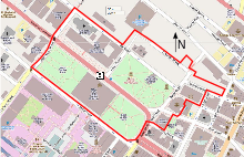 A map of the district showing its boundaries in red, parkland in green, buildings in gray and major roadways in dark pink