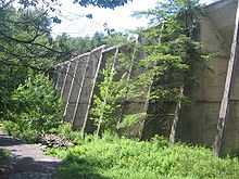 Photo of a concrete wall with buttresses that passes through a wooded area with a trail to the left. Low lying vegetation is at the base of the wall.