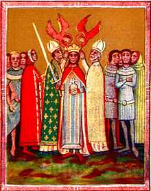 Two bishops and two angels put a crown on the head of a man who is surrounded by a group of people