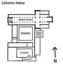 a simple floor plan illustrating the layout of the abbey, with the abbey church to the north, and the cloisters and monastic buildings connected to the south of the church
