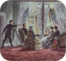 Image of Lincoln being shot by Booth while sitting in a theater booth.