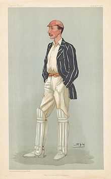 A caricature of Palairet wearing his cricketing whites, with a light red cap and a blue jacket with white stripes.